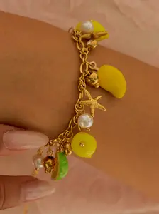 Ladies Bracelet White Water Diamond Fruit Starfish Steel Ball Pendant Stainless Steel 18k Gold Plated Anti Allergy Sweet And Romantic Style Fake Matching