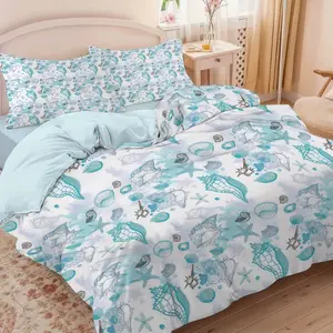 3PCS Ocean Life Starfish & Shell Print Bedding Set,  Includes 1 Duvet Cover and 2 Pillowcases, No Fillers, Perfect Gift for Boys and Girls