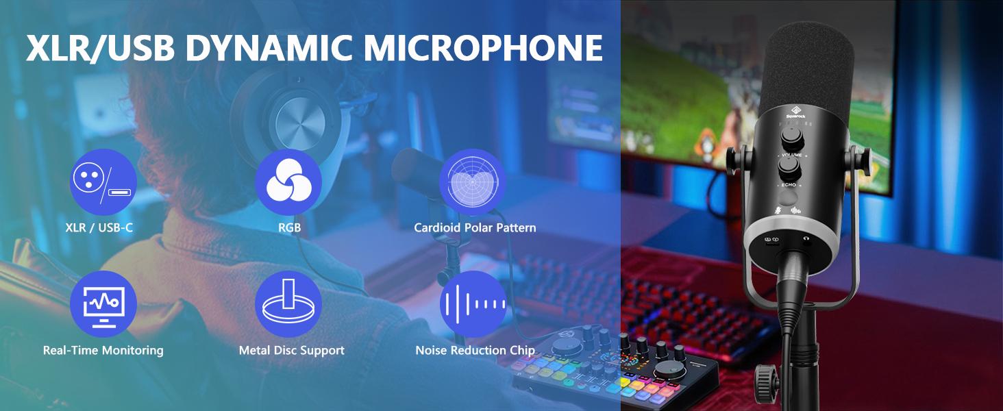 Squarock M100 Complete Set Podcast Equipment Bundle, RGB Audio Interface Mixer with Dynamic XLR/USB Microphone, Desktop Stand, Noise Reduction, Voice Changer, for Vocal Recording, Podcasting, Streaming, Gaming