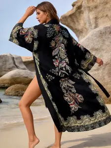 Women's Ethnic Paisley Floral Pattern Long Sleeve Vintage Kimono Cardigan, Loose Fit Casual Beach Vacation Thin Jacket, Elegant Streetwear