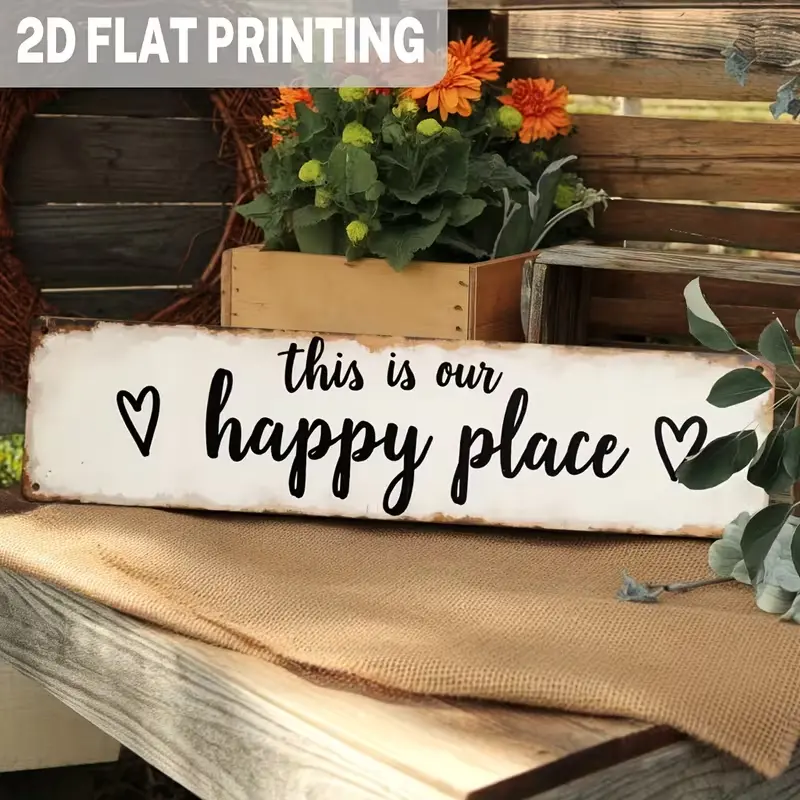 Large Retro Farmhouse Metal Wall Sign - 2D Flat, 40cm x 10cm Iron Plaque with "This is Our Happy Place" Quote, Distressed White Rustic Wood-Look Planks, Heart Accent, Waterproof Decoration for Living Room, Door, Easy to Hang Housewarming Gift, Christmas,