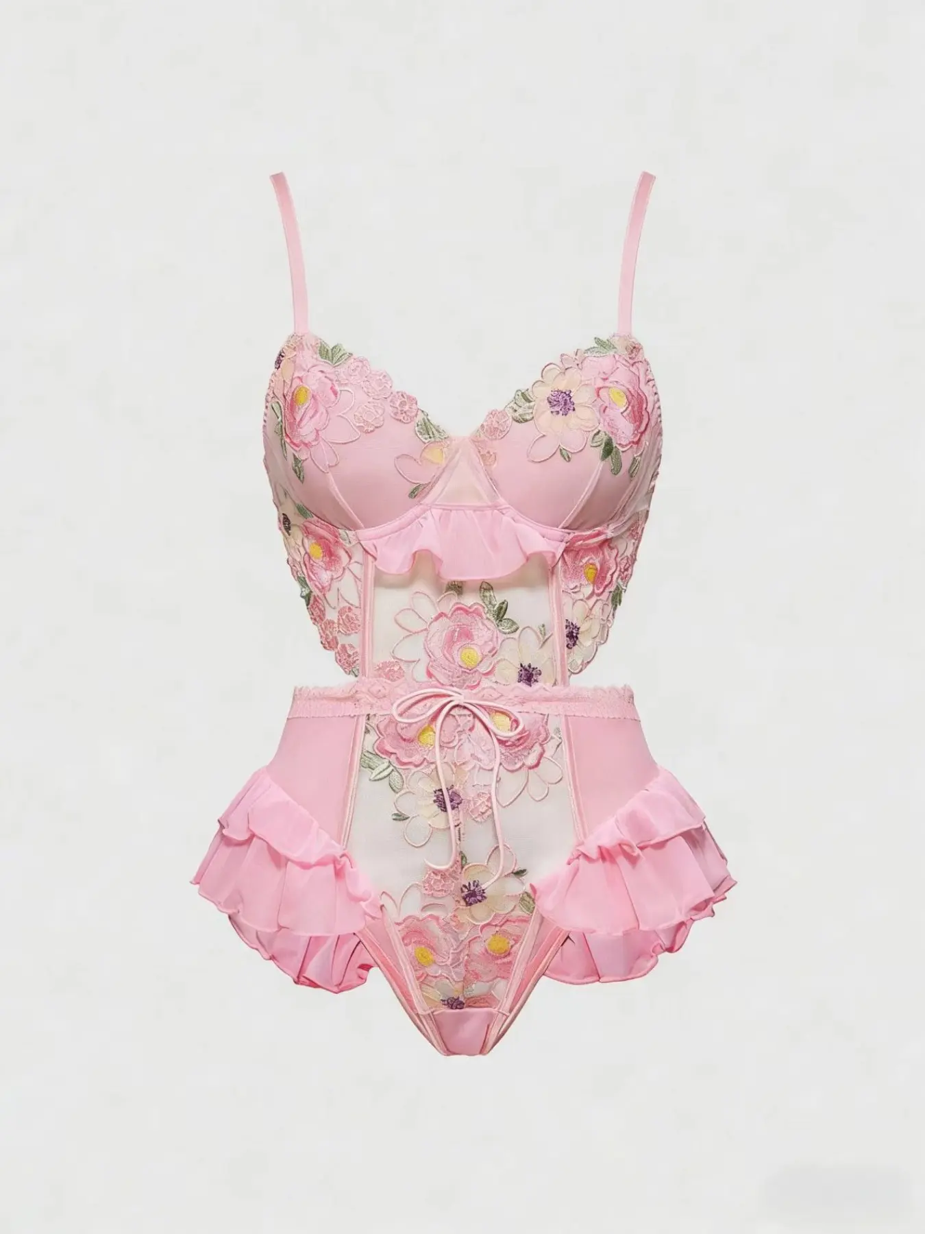 Women's Sakura Embroidered Floral Onesie, Spaghetti Strap Lace V Neck Bodysuit, Soft Comfortable Fabric, Soft Lingerie, Sexy Style, Perfect for Dating, Home, Vacation