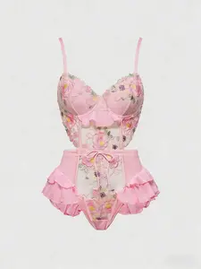 Women's Sakura Embroidered Floral Onesie, Spaghetti Strap Lace Bodysuit, Soft Comfortable Fabric, Sexy Style, Perfect for Dating, Home, Vacation