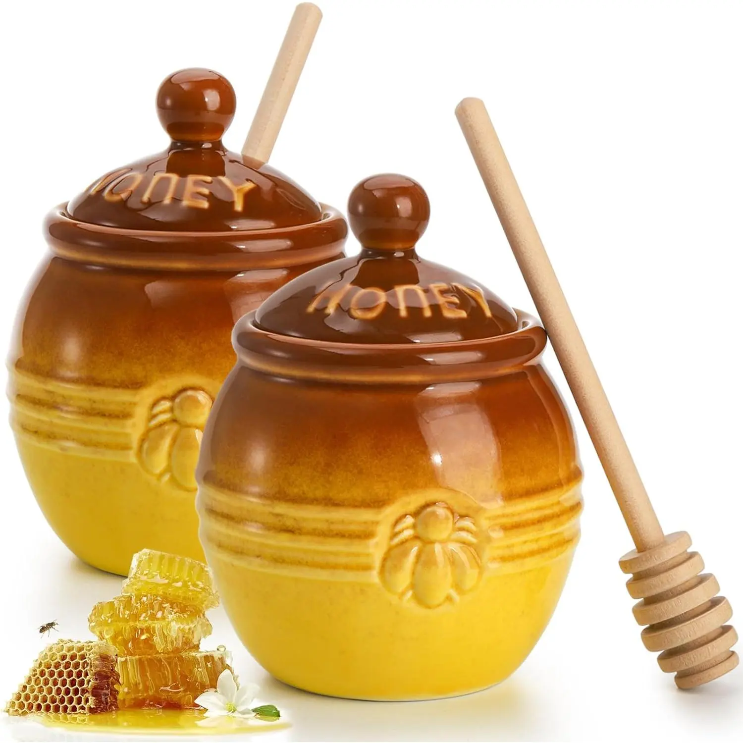 2 Pack Ceramic Honey Pot with Dipper and Lid, 12 Oz Yellow Honey Jar Bee Embossed Honey Storage Container for Kitchen, Decoration, Coffee/Tea Bar
