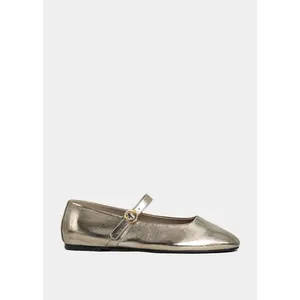 SHUSHOP Annabelle Women's Classic Gold Leather Rounded Toe Soft Flats - Adjustable Strap, Comfortable Casual & Formal Shoe