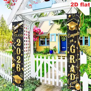 2026 Graduation Party Door Banner, Yard Sign Banner, Black and Gold Graduation Hats, Polyester Material, Multi functional Decoration for Graduation Season Party Celebrations, Families, Gardens, Home & Room Decoration