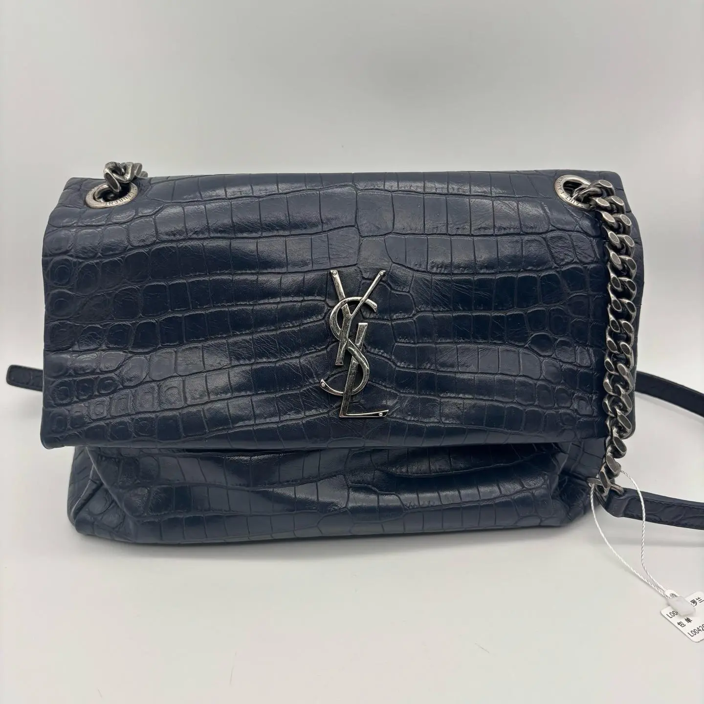 Pre-owned Yves Saint Laurent RL2 Saint Laurent Niki Navy Croc Embossed Leather Chain Flap Bag 23979466