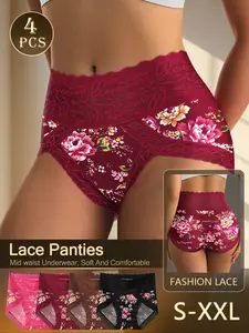 QUASTI Women's Mid Rise Lace Panties Lingerie 4 Pcs – Floral Print Soft Stretch Briefs with Fashion Lace, Elegant, Sporty Comfort for Yoga, Date Night & Everyday Wear, Romantic Gift for Her (S-XXL)