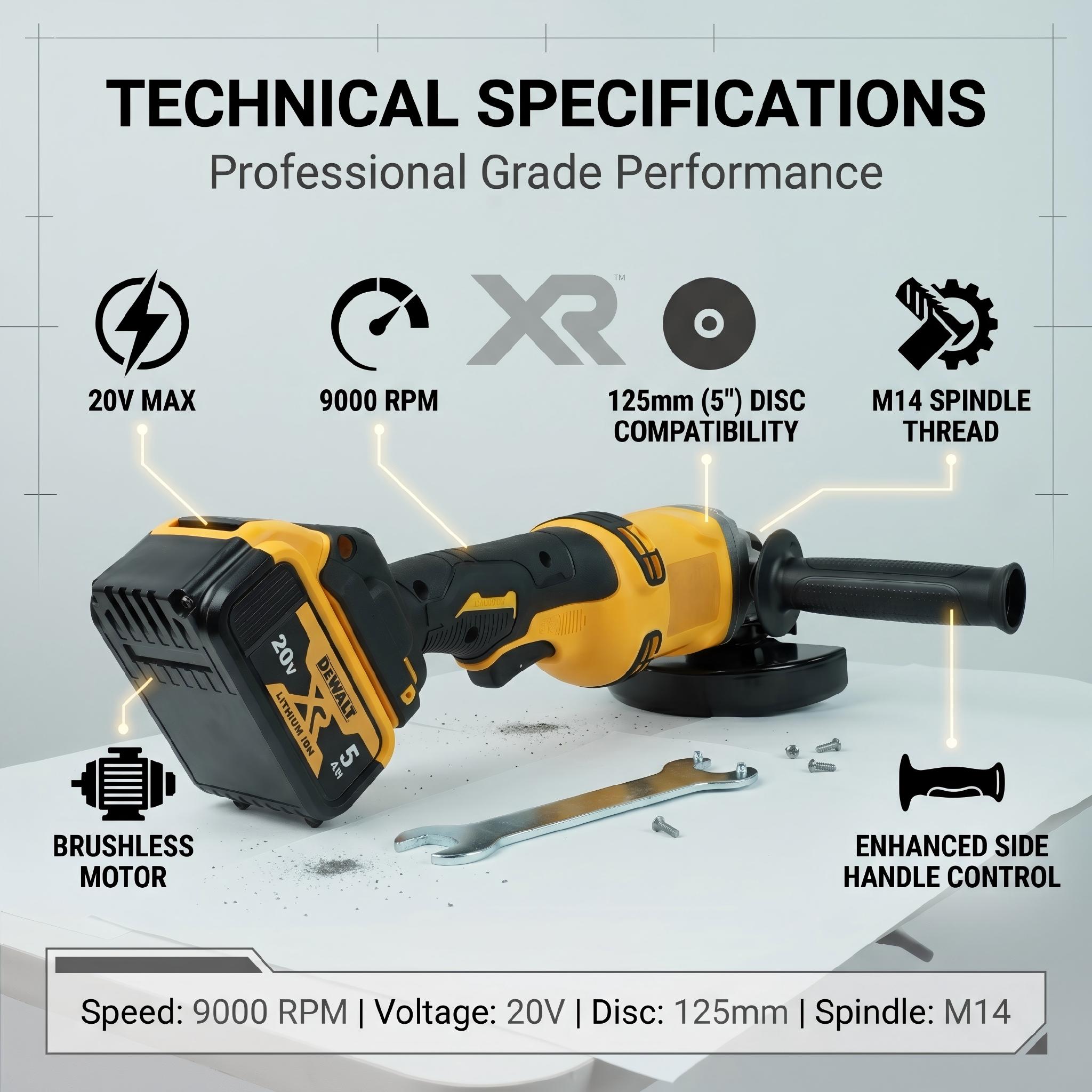 DeWalt DCG405-125 20V Brushless Angle Grinder 125mm Wheel 800W 9000 RPM for Weld Grinding & Pipe Beveling – 6mm Thick, M14 Spindle, Hex Fastening, Full Kit with Battery & Charger