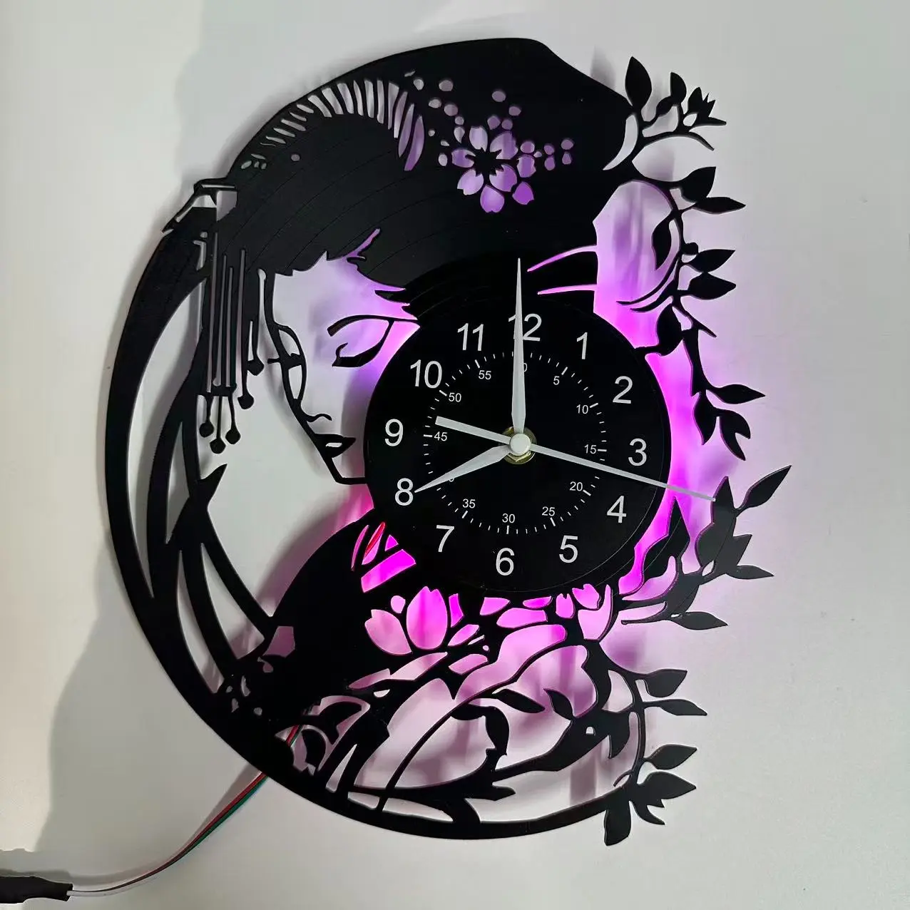 Vintage Art Geisha Vinyl Record Wall Clock,Japanese Geisha-Themed Wall Clock with 7-Color LED Lighting ,Silent Operation ,Ideal for Bedrooms, Offices, Dining Rooms, and Living Rooms ,The Perfect Birthday Gift, Led Wall Clocks