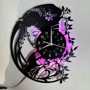 Vintage Art Geisha Vinyl Record Wall Clock,Japanese Geisha-Themed Wall Clock with 7-Color LED Lighting ,Silent Operation ,Ideal for Bedrooms, Offices, Dining Rooms, and Living Rooms ,The Perfect Birthday Gift, Led Wall Clocks