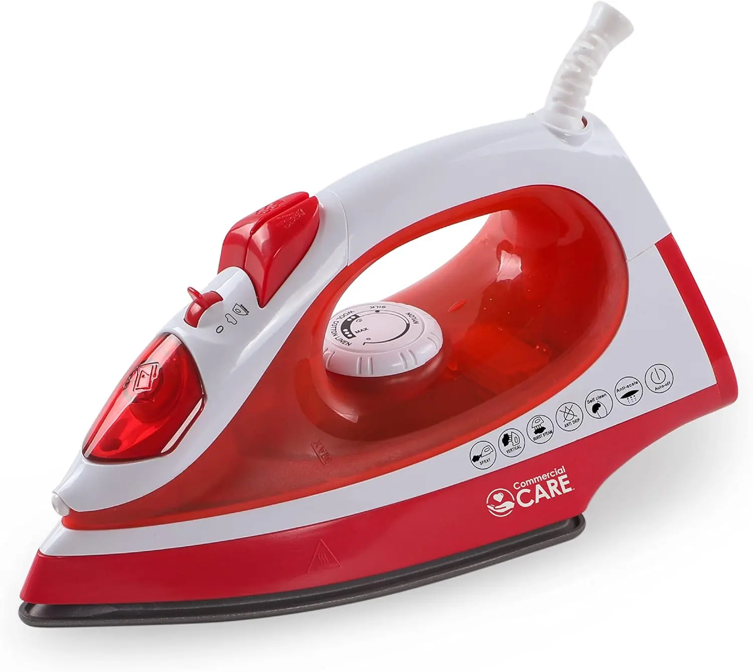 Commercial Care Clothing Steam Iron, 1200 Watt Portable Iron, Self-Cleaning Steamer for Clothes with Nonstick Soleplate, 7.77-Oz. Water Tank Capacity, Anti-Calc, Auto Shutoff, CCSI300, Red