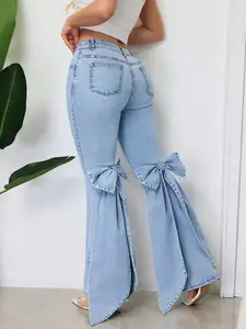 Women's Mid-Waist Washed Flare Jeans With Large Bow Ribbon Details, Slim-Fitting And Slightly Stretchy Flared Pants, Suitable For All Seasons And Various Occasions.