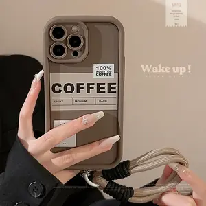 Coffee English label Apple 17 Pro Max phone case iPhone 15 retro 11 compatible 14 hand strap 16 Huawei
