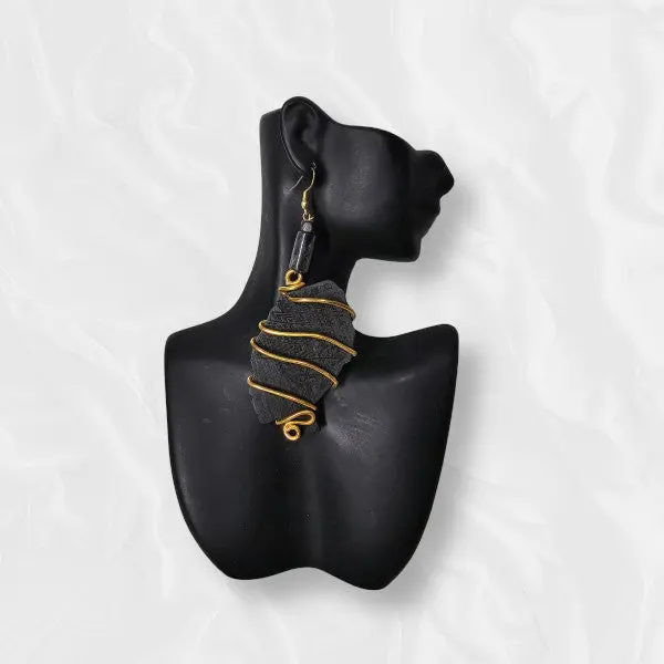 African Large Drop Ashen Black Gold Accented Earrings