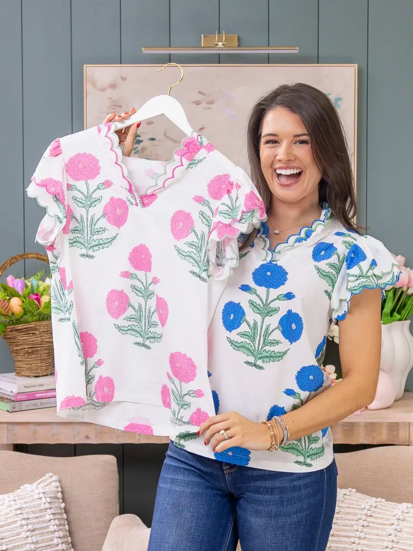 Women's Wild Flower Print Blouse with a Scalloped V-Neck and Flutter Short Sleeves - Cotton Viscose Top