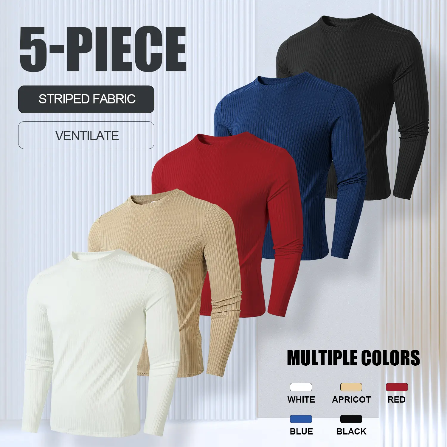 Men's 5-Piece Crew Neck Long Sleeve Thermal Underwear Tops Set - Menswear Thermal for Casual Wear, No