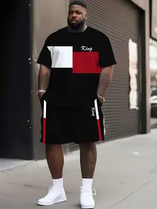 Men's Plus Size Short Sleeve Set, Casual Daily Wear, Low Profile with Inner Meaning, Must-Have Clothing Set, Loose Fit, All over Print, Menswear
