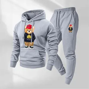 Men's Cute Sports Hip-Hop Bear Sweatpants Set, Menswear, Casual Athletic Long Sleeve Hooded Jacket & Trousers for Fall & Winter, Men's Clothing for Daily Wear, Sportswear Indoor Outdoor, Tracksuit, Athleisure