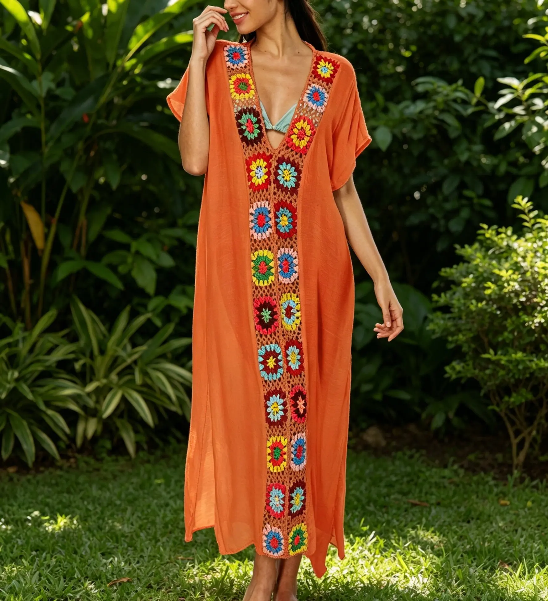Women's Plus-Size Swim Cover-Up Set - Long Beach Cover-Up with Crochet Detailing, Center Slit, Sun-Protective Design