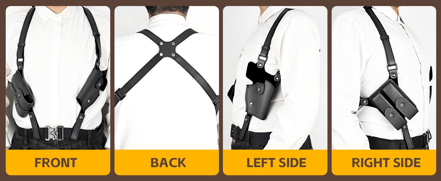 Shoulder Holster for Concealed Carry Adjustable Leather Shoulder Holster with Double Magazine Pouch, Fits 1911, Glock 17/19/23 and Most Similar Size Pistols, for Right Hand Use