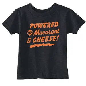 Toddler Funny T Shirts Powered By Macaroni and Cheese Sarcastic Food Graphic Novelty Tee for Young Kids Funny Toddler Shirts Sarcastic Apparel for Toddler Funny Food Apparel Childrens Graphic Tees Black