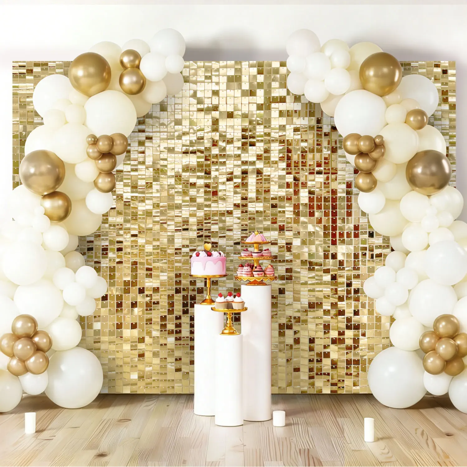 Light Gold Shimmer Wall Backdrop Panels 24/30/36/49PCS, Gold Sequins Backdrop for Birthday, Wedding, Engagement & Party Decor Photo Booth