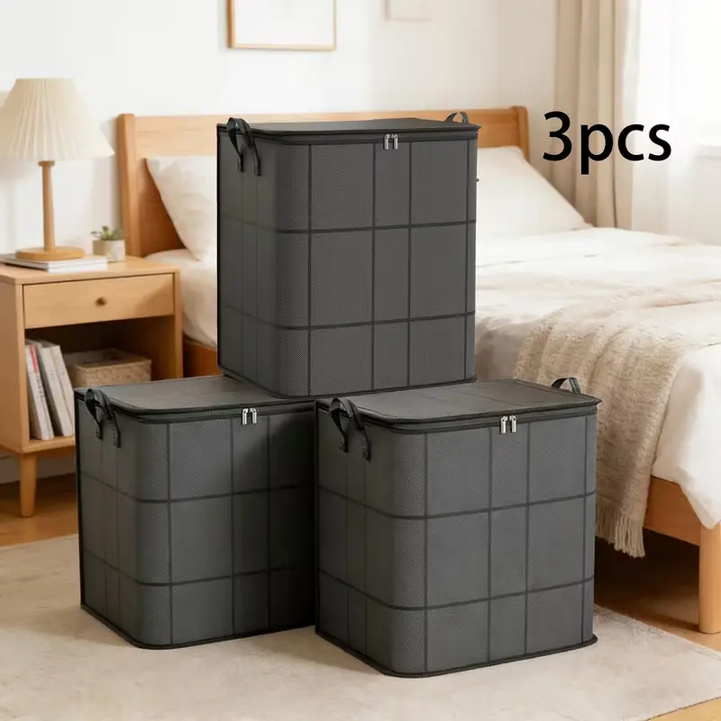 3-Pack Large Collapsible Fabric Clothing Storage Containers - Heavy-Duty Organizers with Dual Metal Zippers, Reinforced Handles - Foldable Bins for Quilts, Comforters, Under-Bed Use & Moving