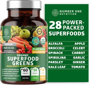 USDA Organic Superfood Greens [28 Powerful Ingredients] Natural Super Greens Capsules, Fruit and Veggie Supplement with Alfalfa, Beet Root and Ginger to Support Energy and Immunity, 60 Tablets Number One Nutrition Healthcare Dietary Edible