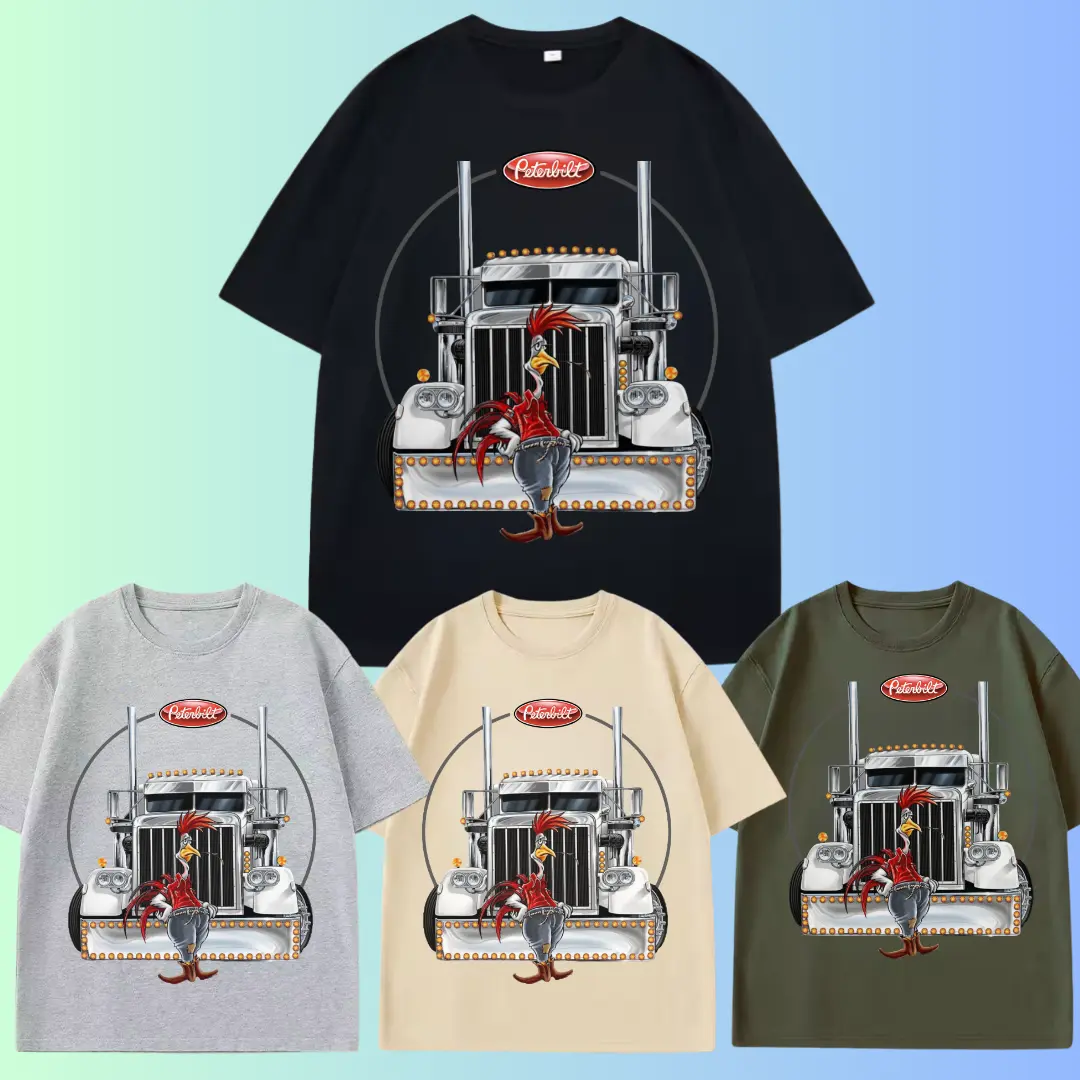 Peterbilt Funny Rooster Graphic T-Shirt – Cartoon Chicken Semi Truck Tee, Diesel Hauler Humor Shirt, Custom Peterbilt Driver Look, Gift for Trucker Fans, Roadwear