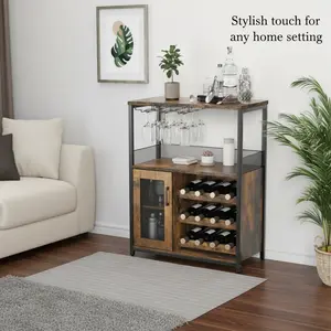 Garvee Multi-Functional Wooden Wine Bar Cabinet with Adjustable Shelves, Mesh Doors, Glass Holders, Detachable Wine Racks, and LED Lighting - Compact Modern Storage for Kitchen, Dining, and Home Bars in Various Colors and Industrial Styles
