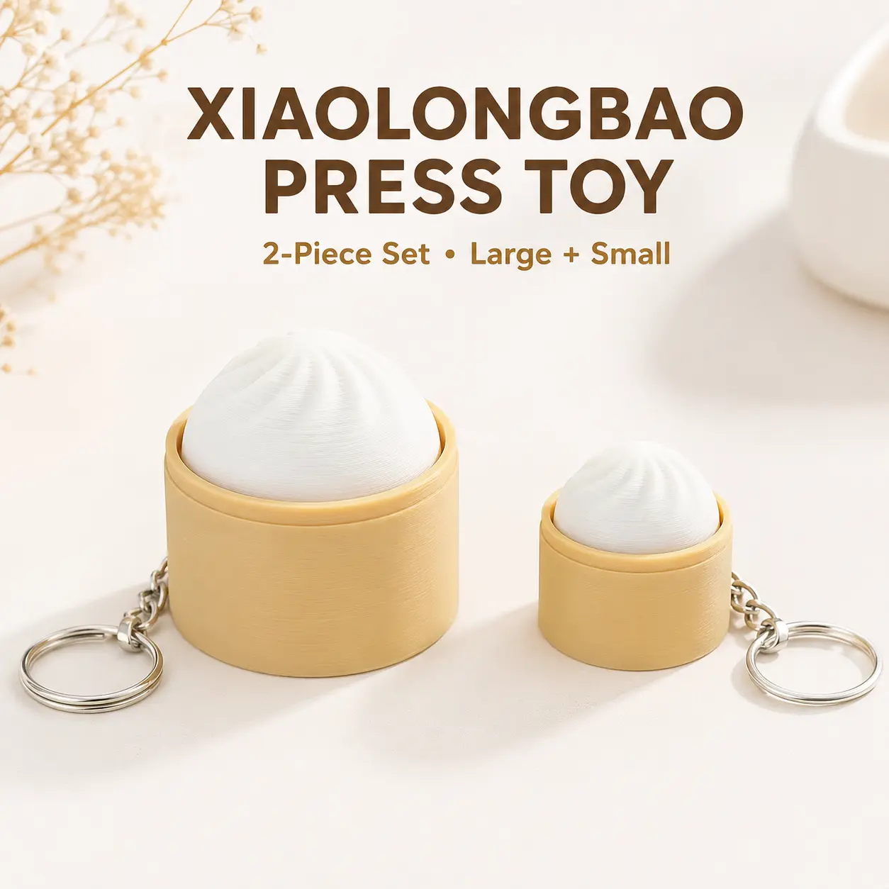 Unisex 2-Piece Plastic Dumpling Clickie Fidget Keychain Set - Large-Small Food-Themed 3D Printed Portable Tactile Press Toys, Cute Shape Keychain for Stress Relief