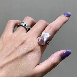 Natural freshwater pearl Baroque pearl ring S925 pure silver inlaid fashionable classic versatile