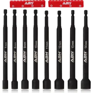 ABN Impact Nut Driver Tool Set - 8Pc Metric 6 in Long Shank Nut Driver Bits Magnetic Tip Sockets, 1/4 in Hex Shank ABN