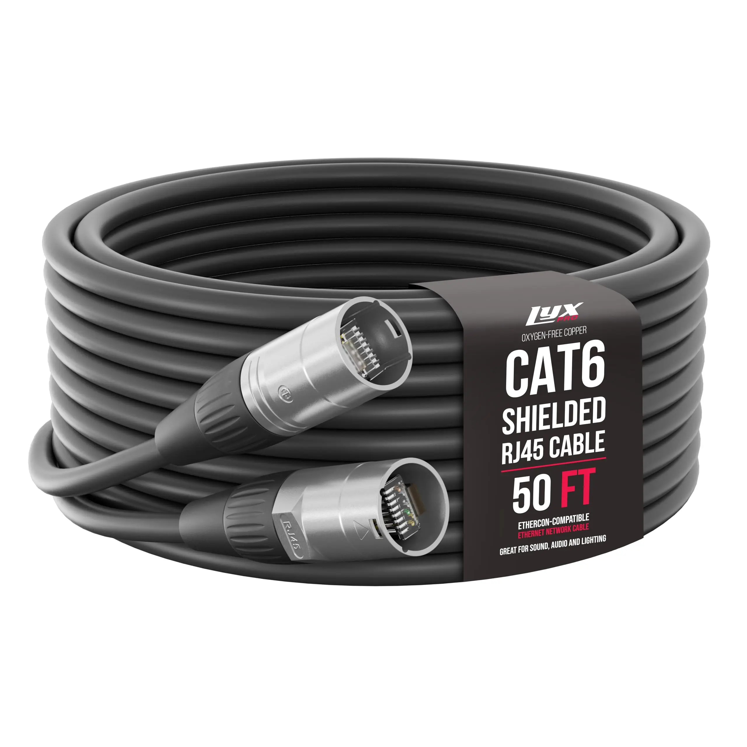 LYXPRO 50 Feet Shielded CAT6 Ethercon Cable Professional Audio Lighting RJ45 Studio Grade Sound Transmission Extreme Durability Black