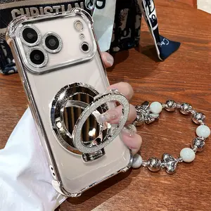 Women's Phone Case with Mirror & Stand for iPhone 17 ProMax/Pro/Air. Features a silver chrome alloy frame, high-definition transparent material, reinforced corner protection, and full-body drop-resistant design.