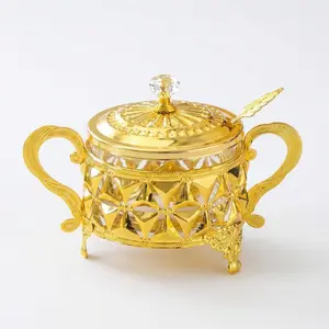 Sugar Bowl with Lid and Spoon, Vintage Embossed Sugar Jar with Dual Handles, Decorative Sugar Pot for Coffee Bar and Kitchen, Glass Storage Containers