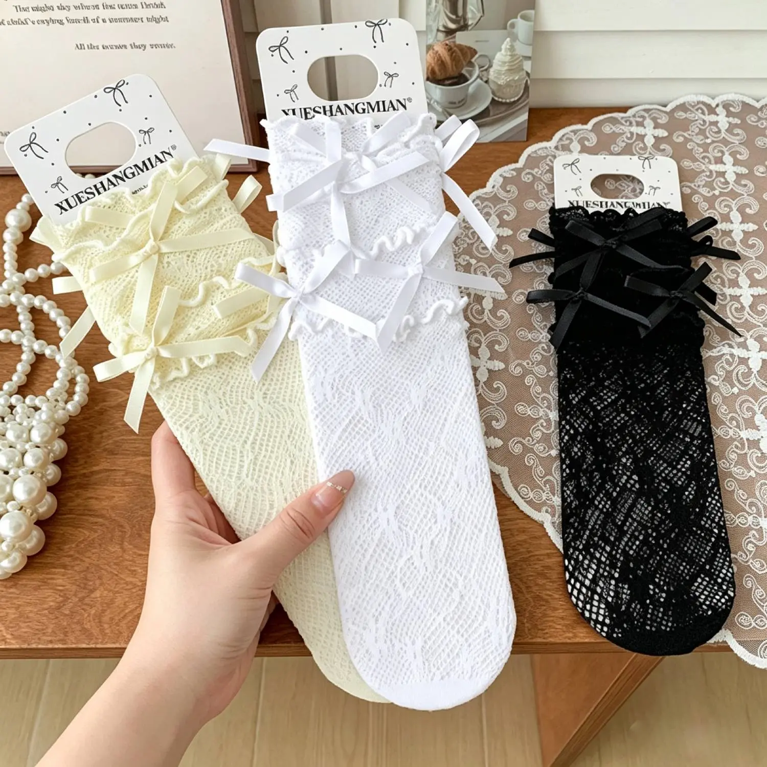 6 Pack Bow Ruffle Lace Fishnet Ankle Socks for Women, Cute Y2K Aesthetic Trend Soft Breathable Sheer Mesh Mid Calf Satin Bow Frilly Socks for School, Pool Party, Backyard Outdoor Costume & Daily Casual Wear
