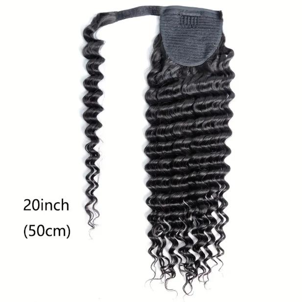 "Deep Wave Brazilian Remy Human Hair Ponytail Extension, Long Curly Wavy Wrap Around Ponytail with Magic Paste, Natural Black 10-28 Inch, Soft & Secure Fit for Women 100g/Pack "	