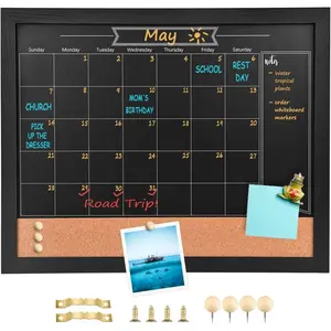 Chalkboard Calendar and Bulletin Combo Board. 13" x 17" Black Wooden Frame, Chalkboard. for Office,  School Message Board,HBZHB-BK3442-