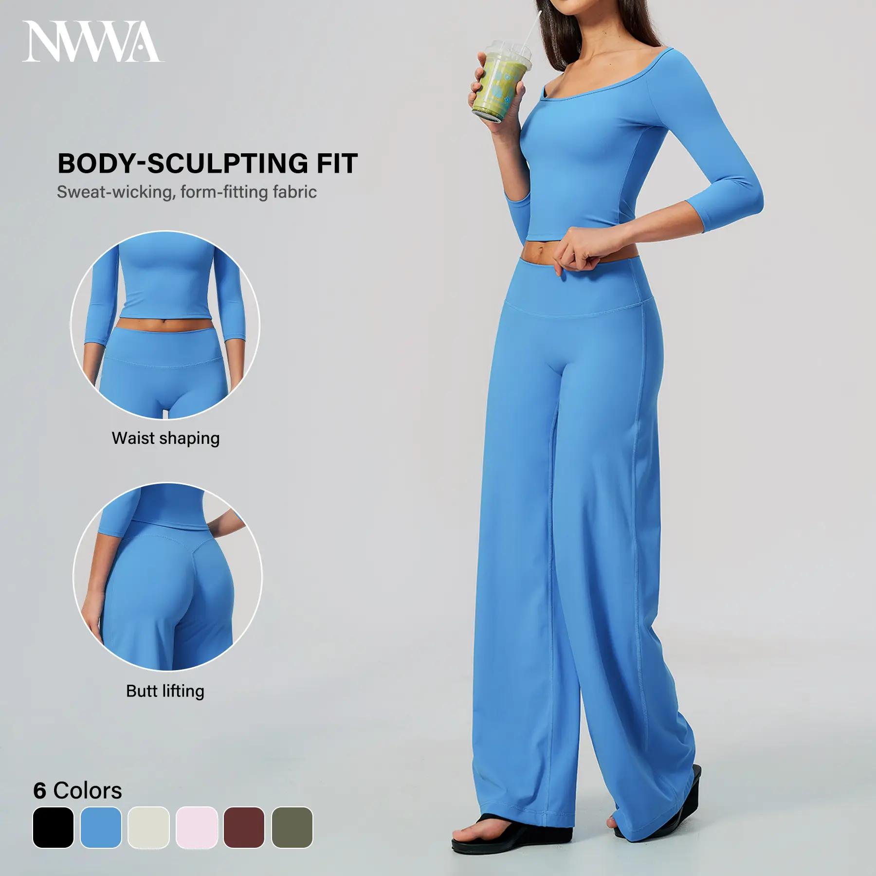 NVWA Woman 2 Piece Set Versatile 2-Way Wear Off the Shoulder or Scoop Neck Three-quarter Sleeves Crop Top and High Waisted Wide Leg Pants Yoga Set Soft Workout Outfits for Women Tummy Control Butt Lift Lounge Set Aesthetic Gym Wear