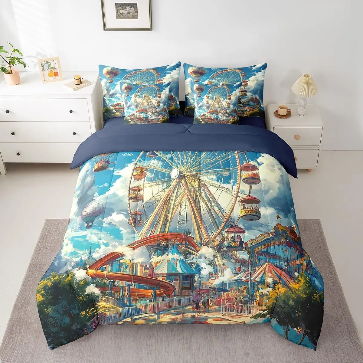 Amusement Park 7 Piece Comforter Set Cartoon Ferris Wheel Bedding Funny Sky Clouds Carousel Sheet Set Bed in A Bag City Roller Coaster Bedroom Decor Happy Holiday Bed Set