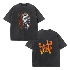Vintage Demon Slayer Kyojuro Rengoku Anime Graphic Tee, Black Acid Wash Oversized Crew Neck T-Shirt, Unisex Flame Hashira Fan Gift for Friends & Kimetsu no Yaiba Enthusiasts