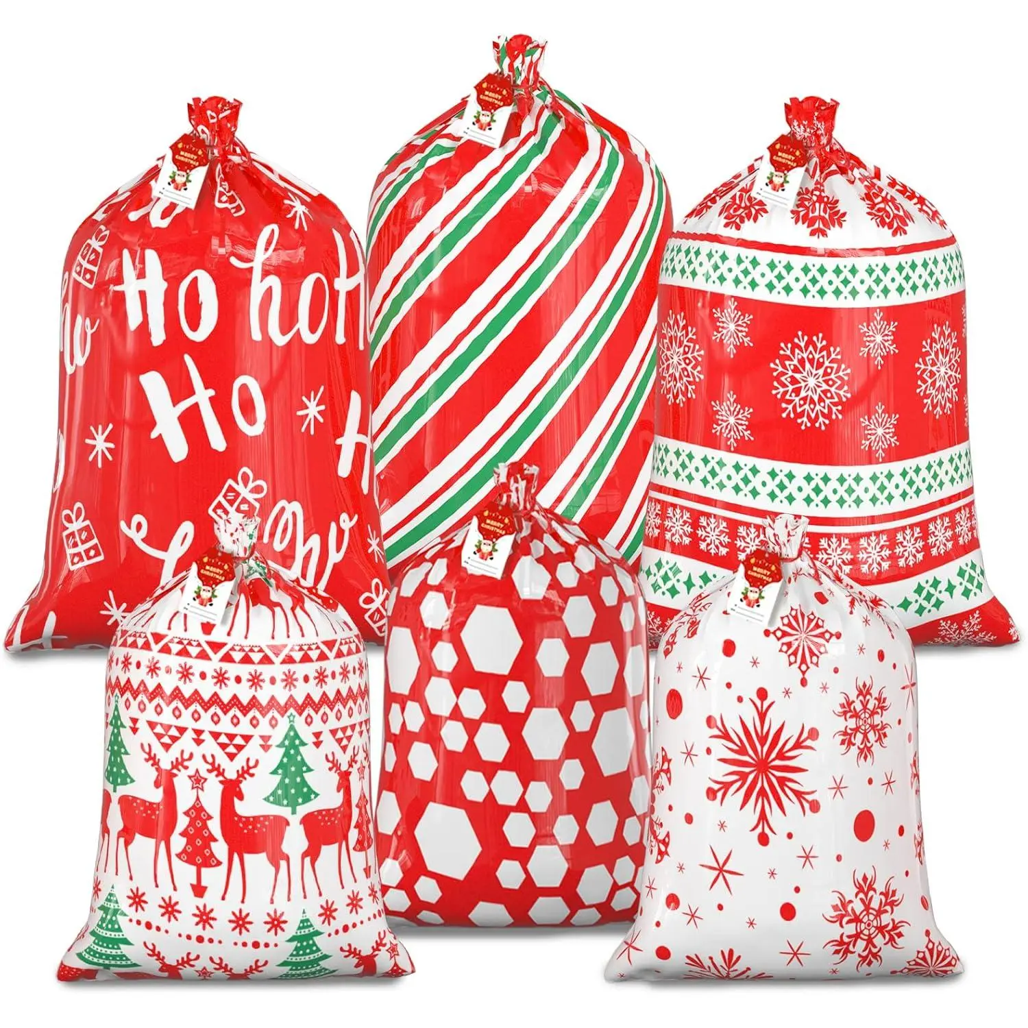 Large  Bags for Christmas Presents - 6 Pack Large Christmas Plastic  Bags Red with  Tags Drawstring for Xmas Holiday  Giving,  Presents Wrapper
