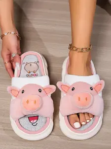 Women's Cute Cartoon Pig Design Plush Slippers, Casual Soft Comfortable Home Slippers, Warm Slippers for Indoor & Outdoor Use for Fall & Winter, Slide