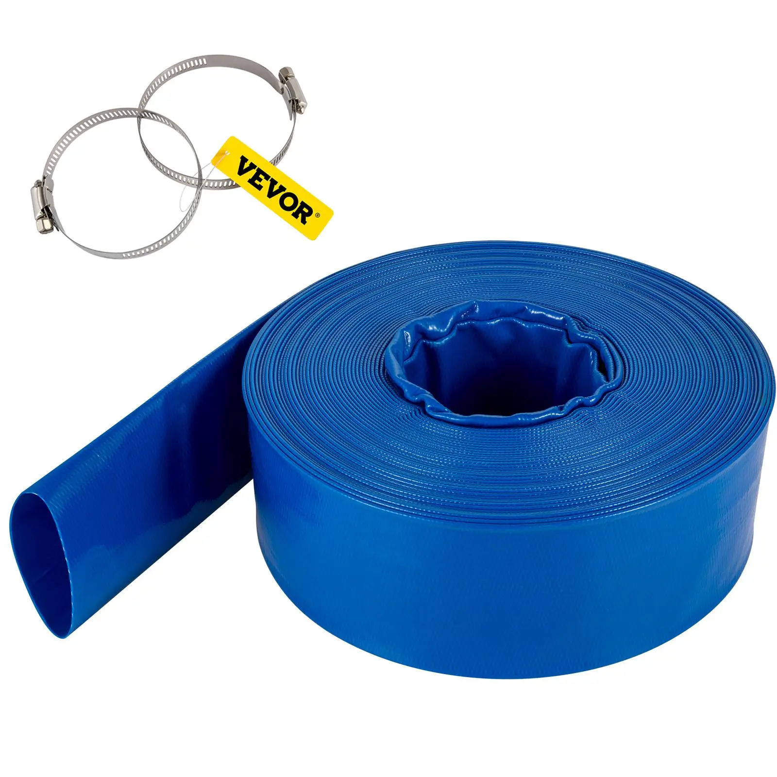 【summerfinds】VEVOR Discharge Hose, 1-1/2" x 105', PVC Fabric Lay Flat Hose, Heavy Duty Backwash Drain Hose with Clamps, Weather-proof & Burst-proof, Ideal for Swimming Pool & Water Transfer, Blue