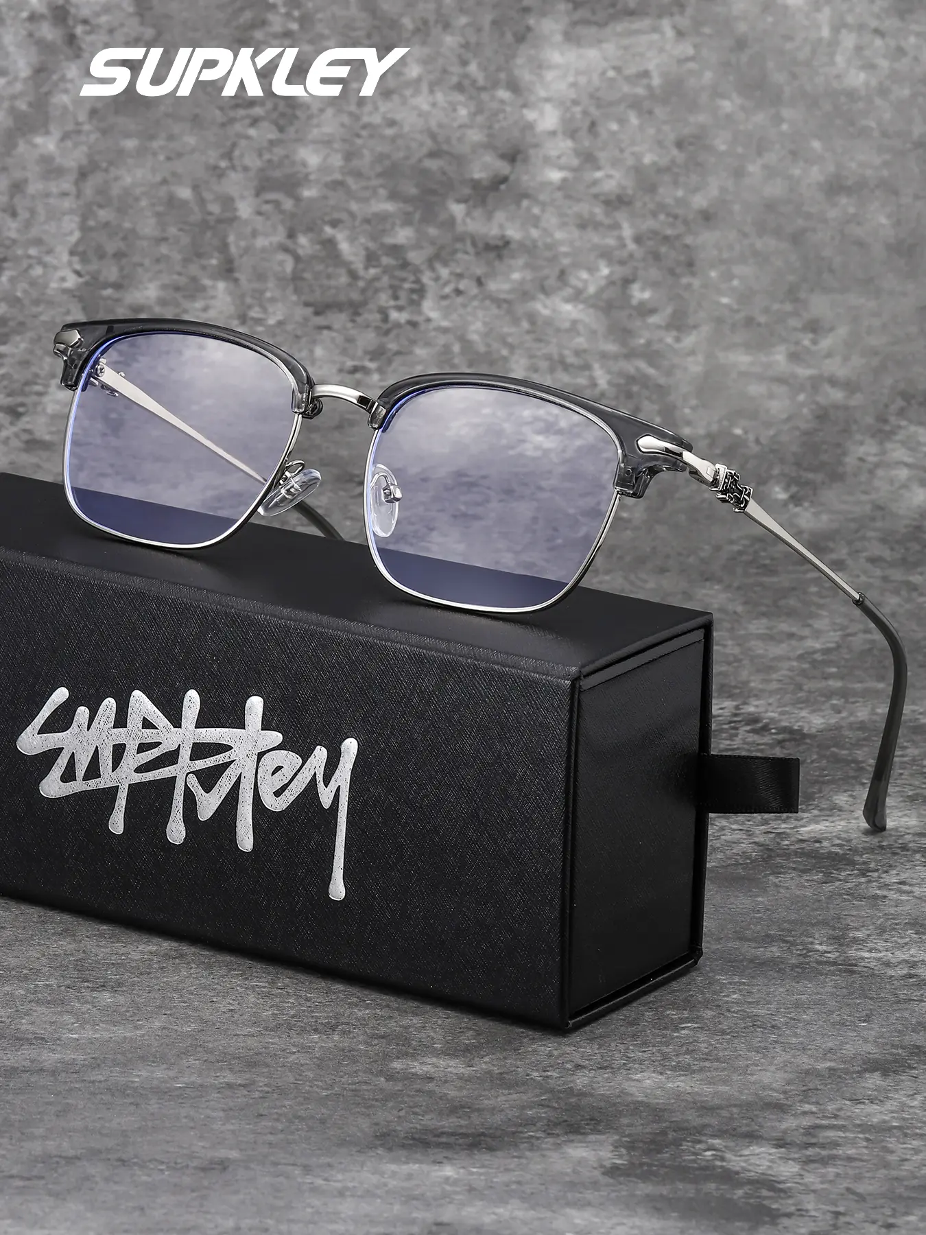 SUPKLEY  Casual College Style Full Frame Men's Glasses, Half Rim Square Stainless Steel Frame, Fashion Decorative, Blue Light Blocking, High Quality Eyeglasses, Square Frame Eyewear, Trendy Square Frames, Fashionable Frames Glasses, Everyday Eyewear