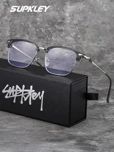 SUPKLEY  Casual College Style Full Frame Men's Glasses, Half Rim Square Stainless Steel Frame, Fashion Decorative, Blue Light Blocking, High Quality Eyeglasses