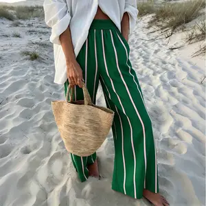 Women's Summer Green Striped Print Casual Pants, Suitable for Vacation and Leisure, Comfortable and Breathable, Available in Multiple Sizes