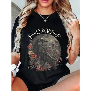 100% Cotton Unisex Funny F Caw F Raven Bird Saying Graphic T-Shirt Casual Graphic Printed Vintage Tshirt